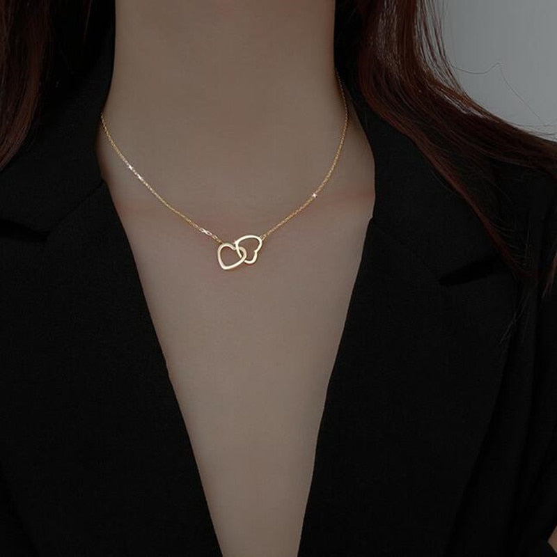 925 Sterling Silver Shiny double Heart love Zircon Circle Necklaces