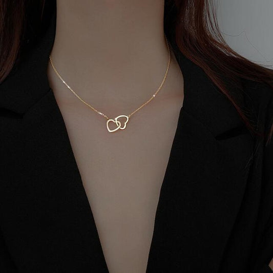 925 Sterling Silver Shiny double Heart love Zircon Circle Necklaces