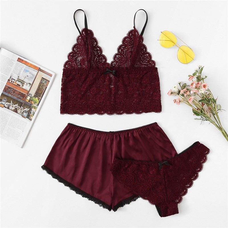 Sexy Floral Lace Cami Lingerie Set Burgundy Women \
