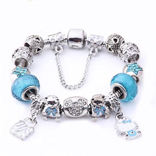 925 Silver Kitty Cat Charm Bracelet Fit