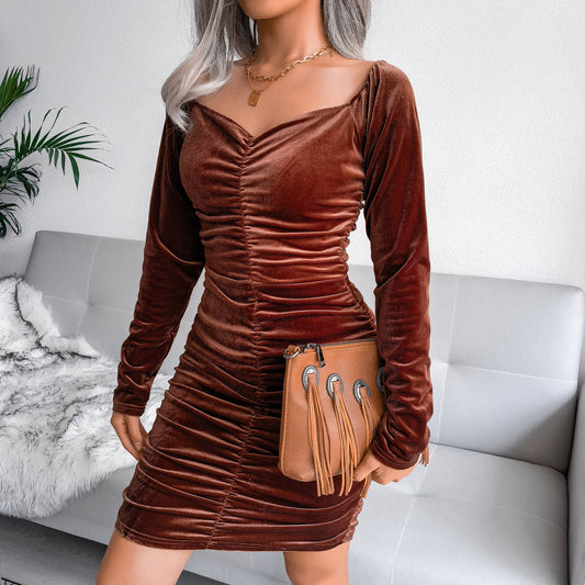 Autumn And Winter Sexy Square Neck Velvet Hip Dress