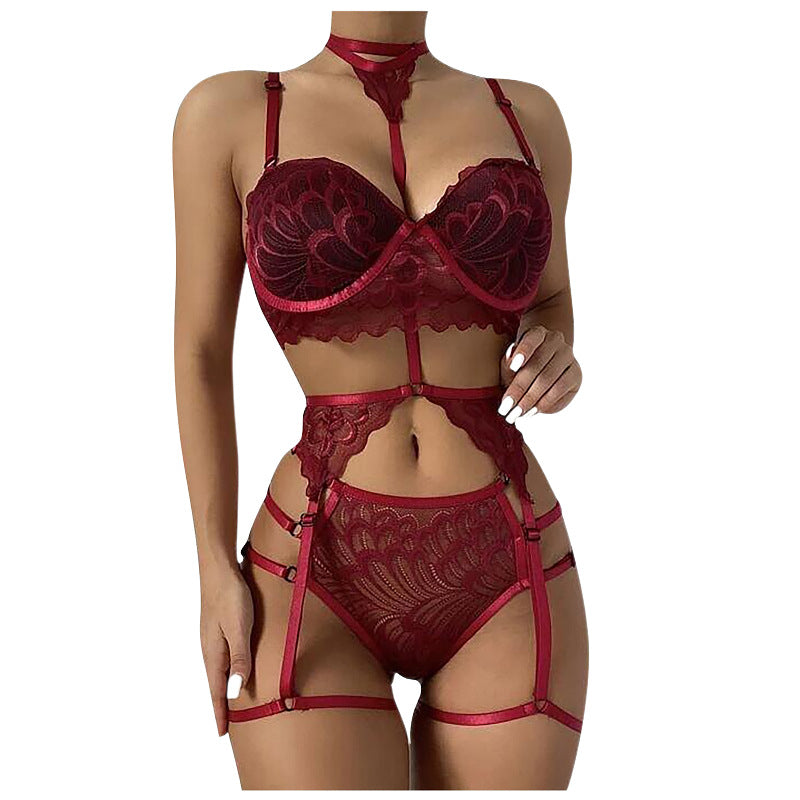 Sexy Tie Neck Garter Belt With Leg Loops Straps Three Piece