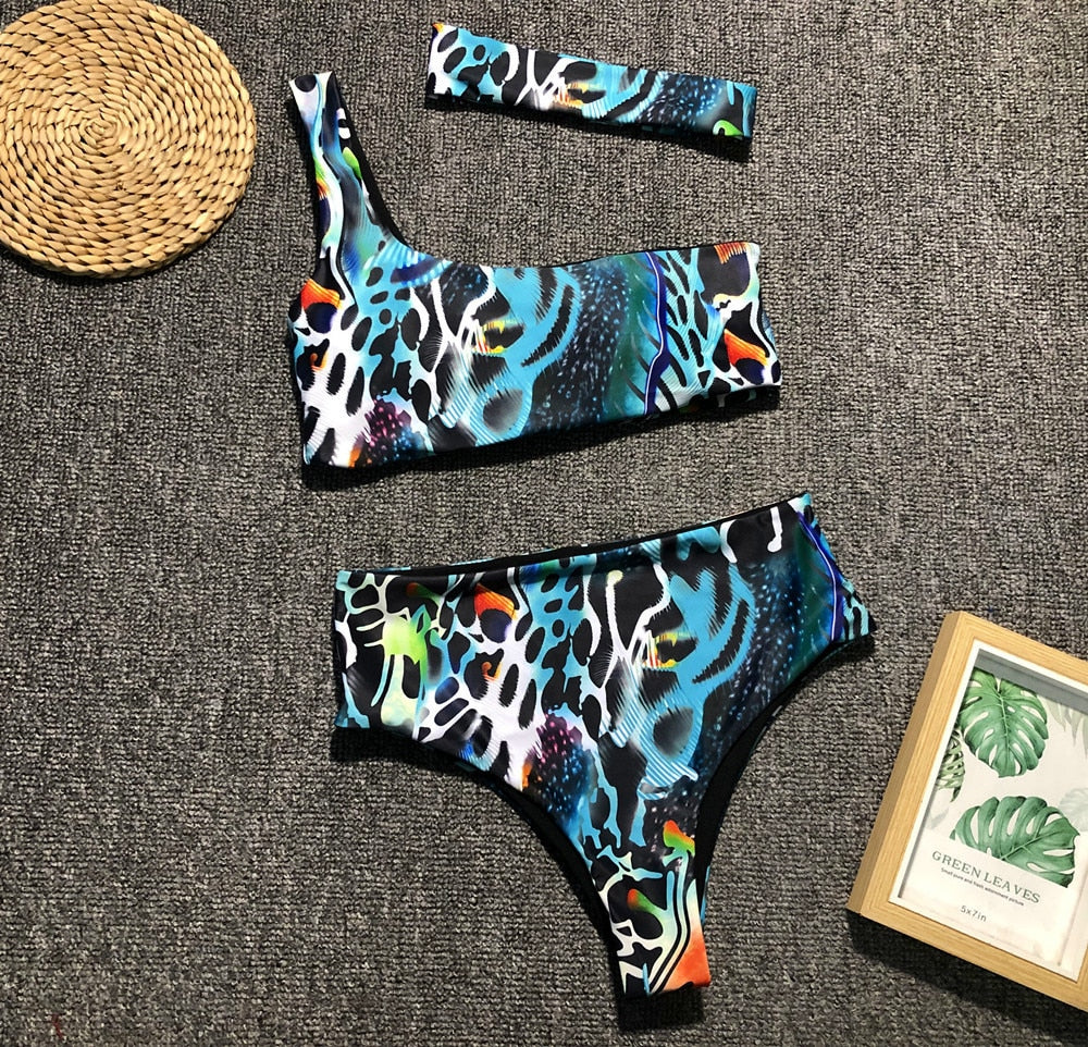 Swimsuit Women Push Up Bikini Swimwear High Waisted Snake Print Bikinis Swimming Suit One Shoulder Bikini With Headband