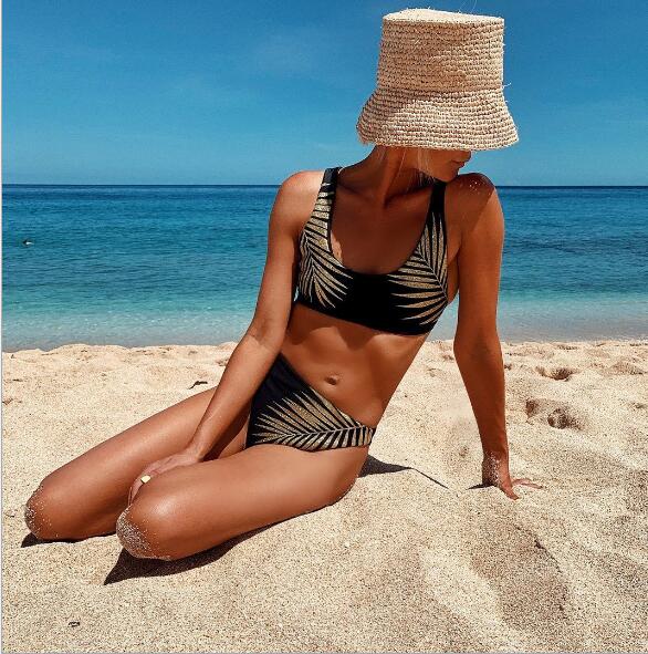 Sexy Print Bikinis Black Biquini Leaf Print Bikini Brazilian Micro Swimwear Women
