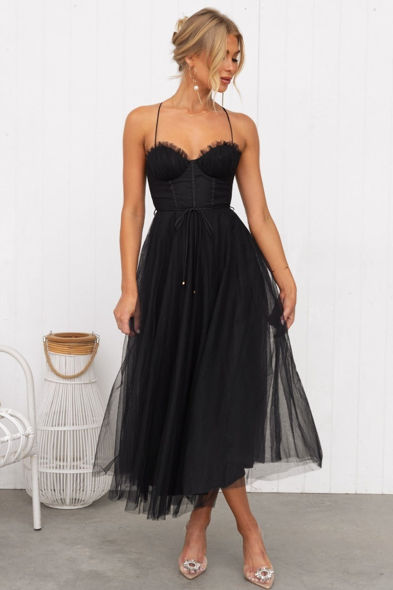 New Style Sexy Hanging Strap Mesh Party Evening Dress