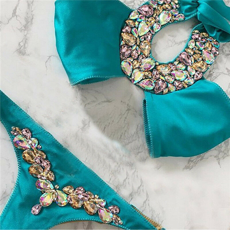 Women Rhinestone Crystal Bikini Sets Solid Push up