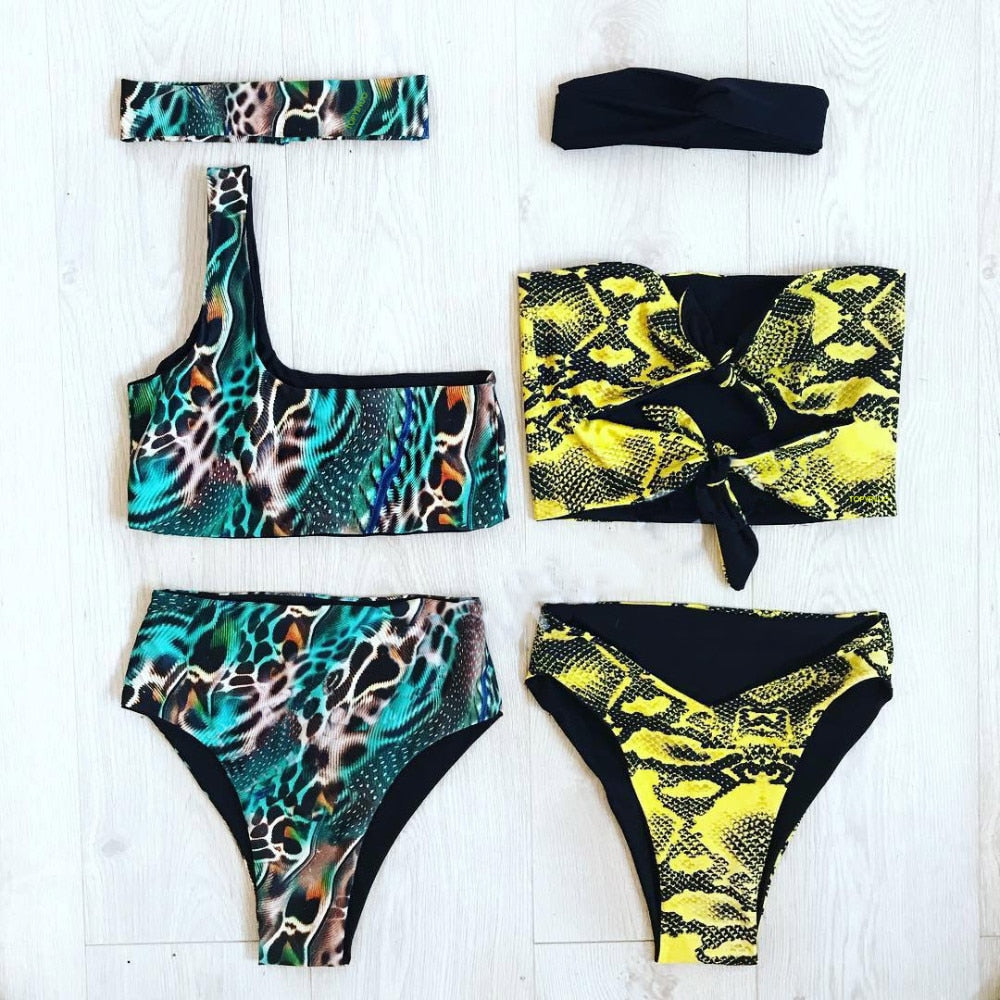 Swimsuit Women Push Up Bikini Swimwear High Waisted Snake Print Bikinis Swimming Suit One Shoulder Bikini With Headband