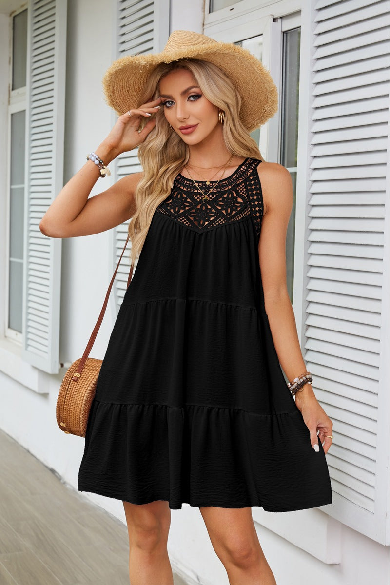 Hollow lace patchwork hanging neck A-line dress