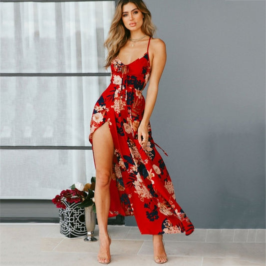 Red Floral Print backless summer dress Women