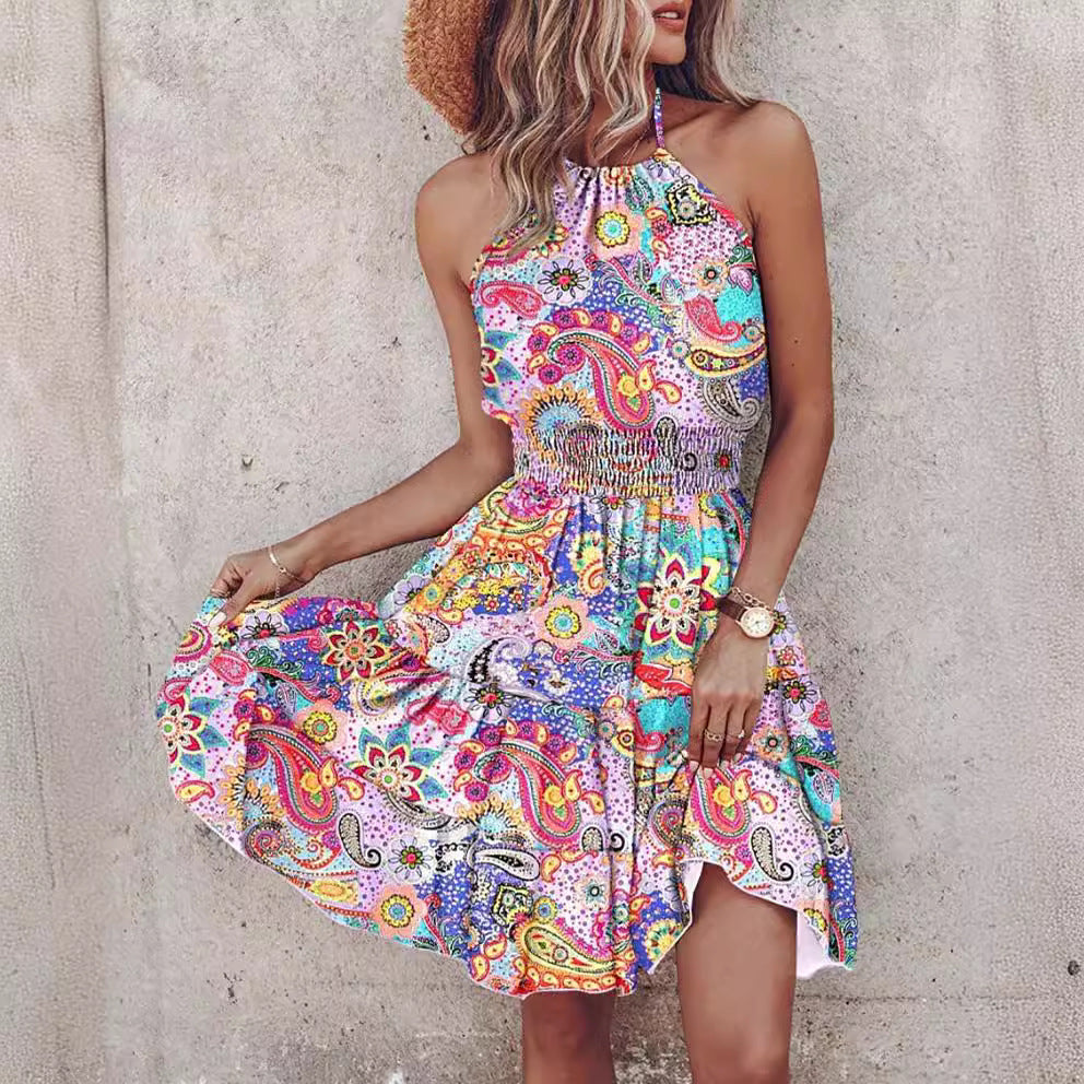 Women's Strap Dress Regular Dress Sexy Halter Neck Printing Sleeveless Printing Colorful Knee-Length Holiday Date 