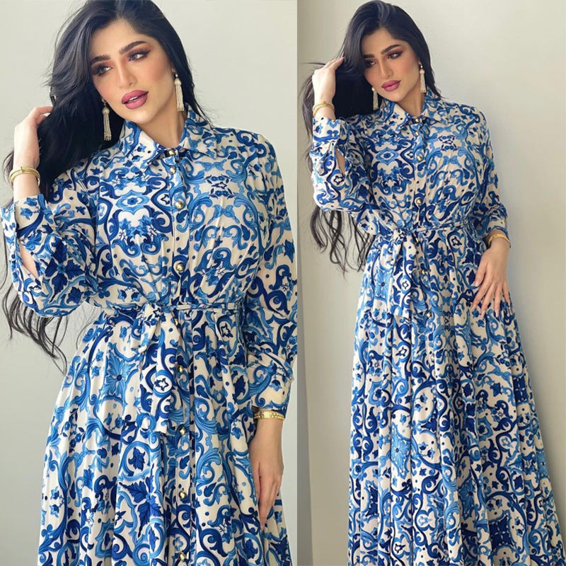 Women's Abaya Elegant Turndown Long Sleeve Flower Holiday Daily 