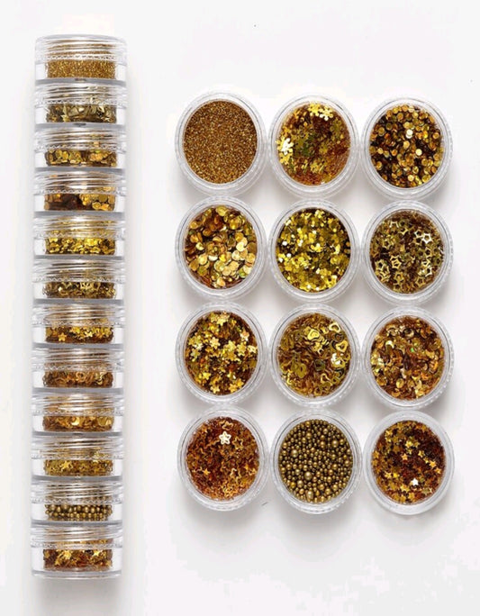 Kit de decoración de purpurina de uñas dorado.