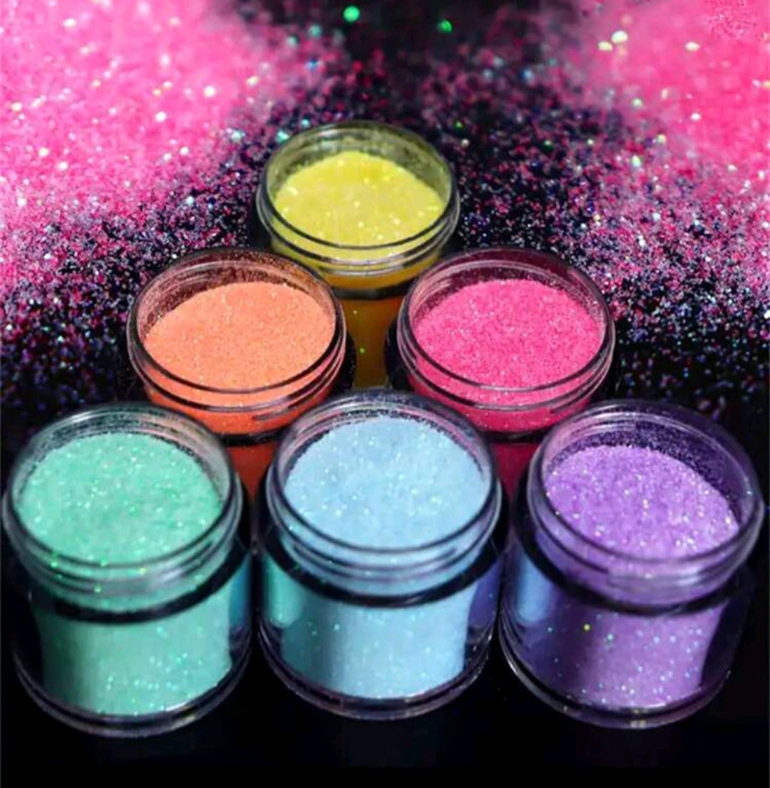 Polvo suelto de purpurina en 6 colores  con textura de azúcar de 10ml por frasco
