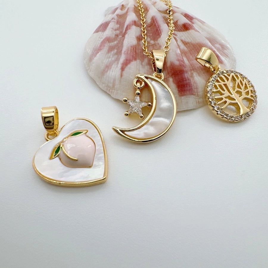 1 Piece 12mm Copper Shell Zircon Moon Tree Heart Shape Pendant