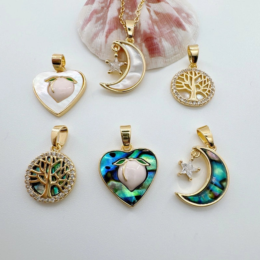 1 Piece 12mm Copper Shell Zircon Moon Tree Heart Shape Pendant