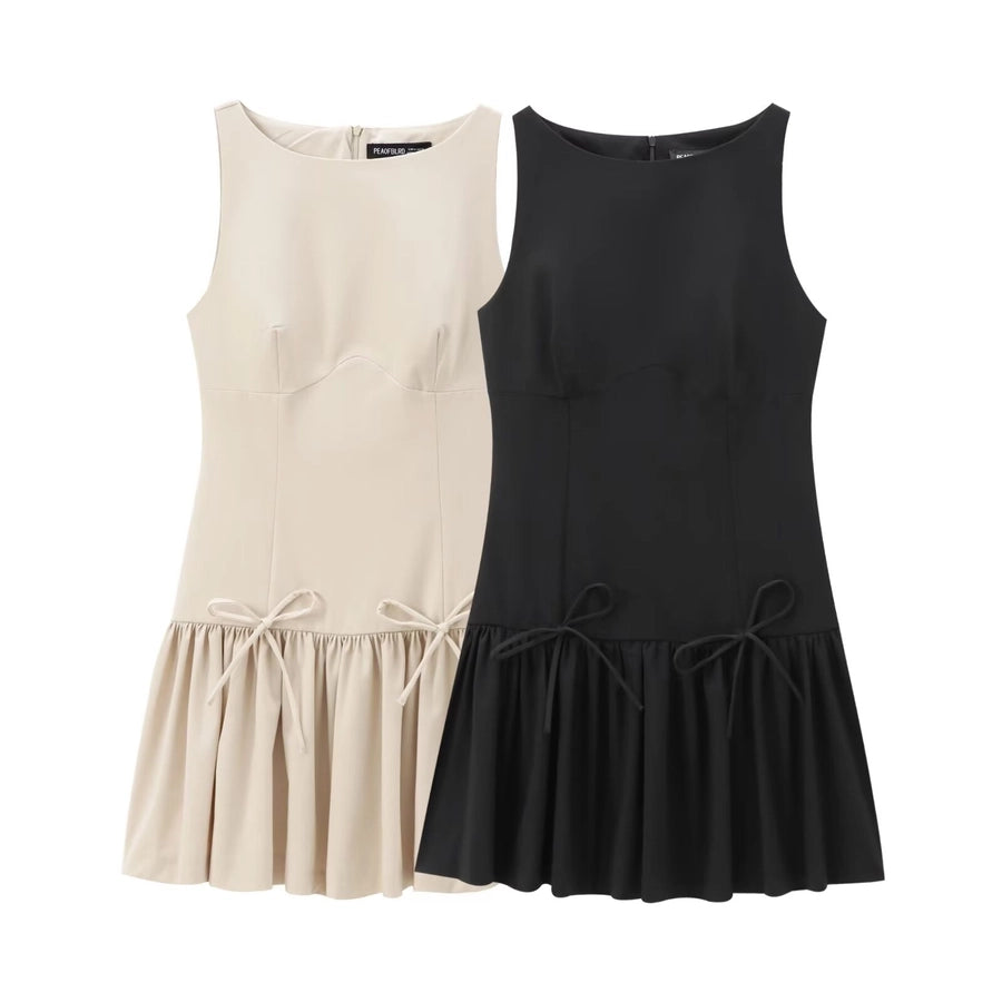 Women's Sheath Dress Elegant Round Neck Bowknot Pleated Sleeveless Solid Color Above Knee Daily