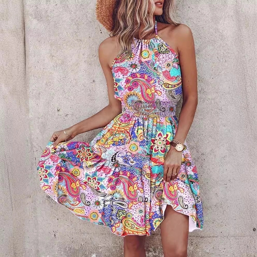 Women's Strap Dress Regular Dress Sexy Halter Neck Printing Sleeveless Printing Colorful Knee-Length Holiday Date 