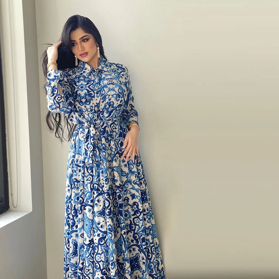 Women's Abaya Elegant Turndown Long Sleeve Flower Holiday Daily 
