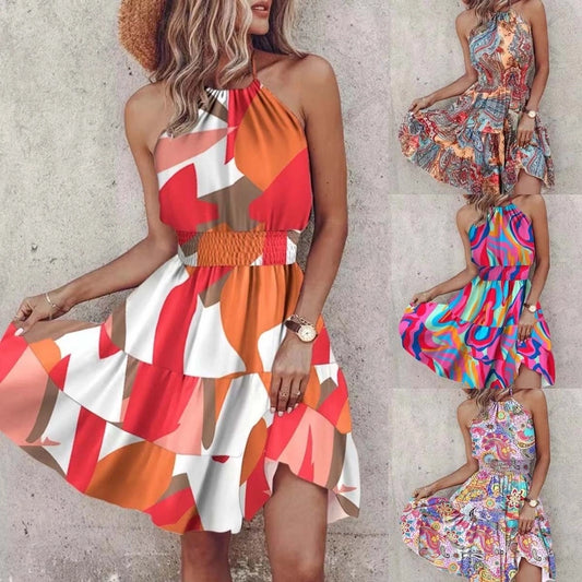 Women's Strap Dress Regular Dress Sexy Halter Neck Printing Sleeveless Printing Colorful Knee-Length Holiday Date
