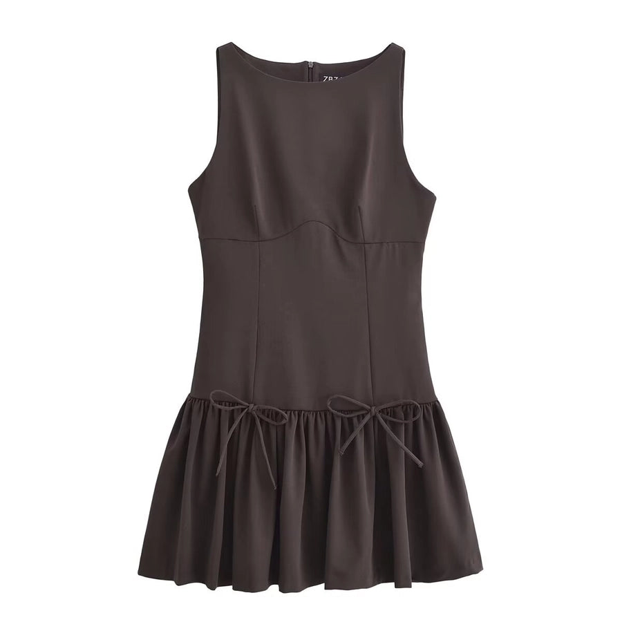 Women's Sheath Dress Elegant Round Neck Bowknot Pleated Sleeveless Solid Color Above Knee Daily