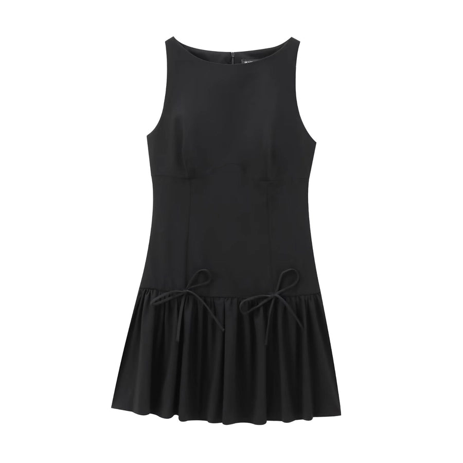 Women's Sheath Dress Elegant Round Neck Bowknot Pleated Sleeveless Solid Color Above Knee Daily