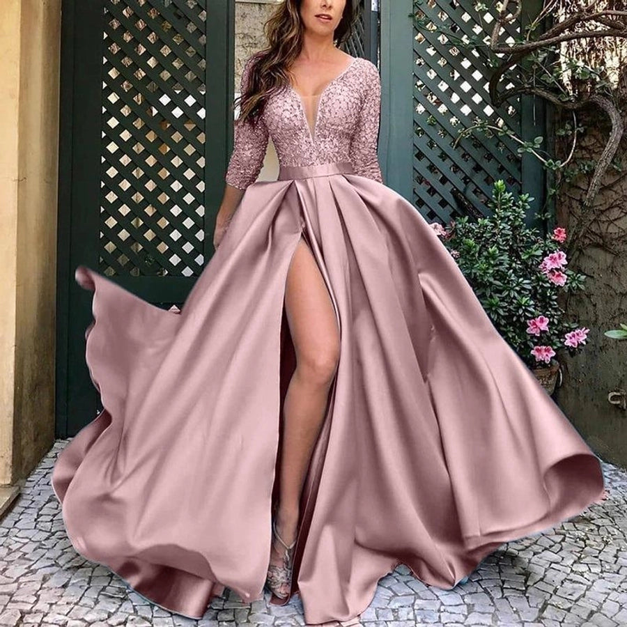 party dress elegant deep v slit lace long sleeve solid color maxi long dress banquet 