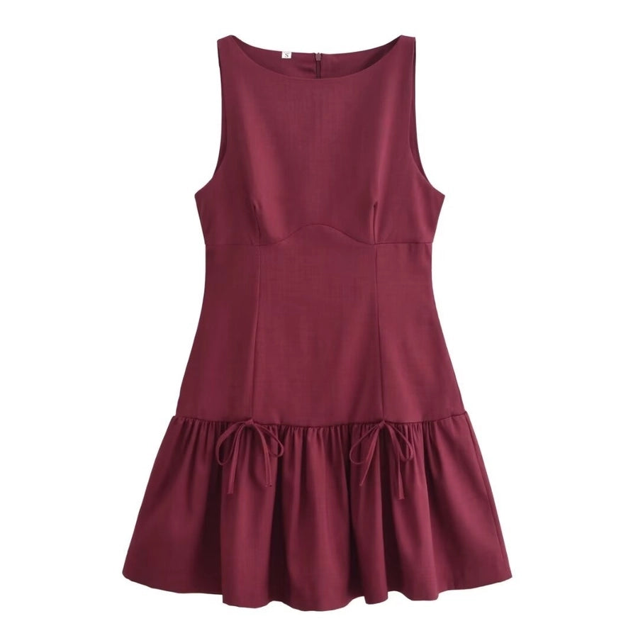 Women's Sheath Dress Elegant Round Neck Bowknot Pleated Sleeveless Solid Color Above Knee Daily