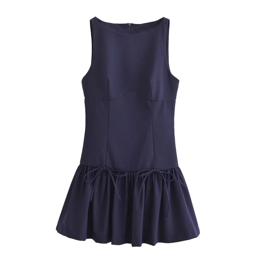 Women's Sheath Dress Elegant Round Neck Bowknot Pleated Sleeveless Solid Color Above Knee Daily
