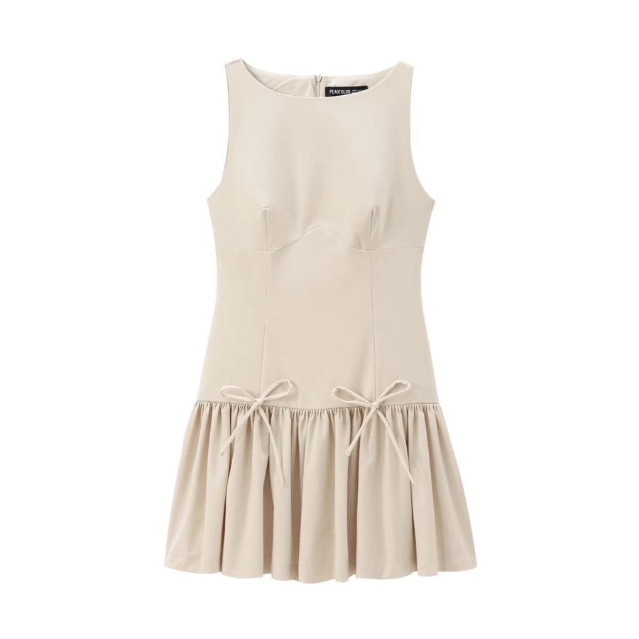 Women's Sheath Dress Elegant Round Neck Bowknot Pleated Sleeveless Solid Color Above Knee Daily